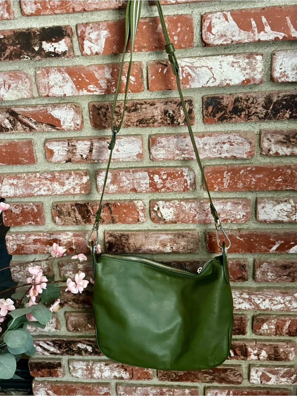 kate spade Olive Green Pebbled Leather Crossbody with Striped Strap